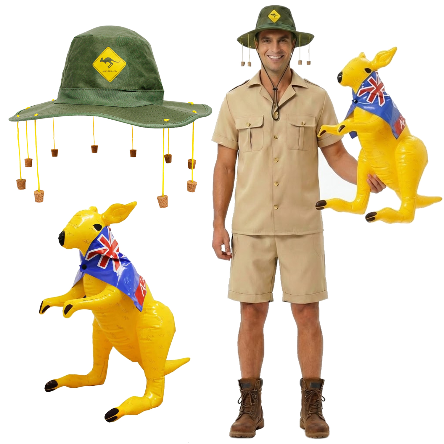 Adults Australian Explorer Costume | 4 Pcs | Shirt, Shorts, Kangaroo Cork Hat & Inflatable Kangaroo