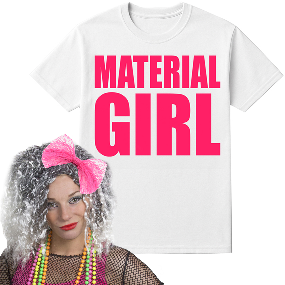 Ladies Material Girl Costume – Printed T-shirt, Wig & Pink Headband
