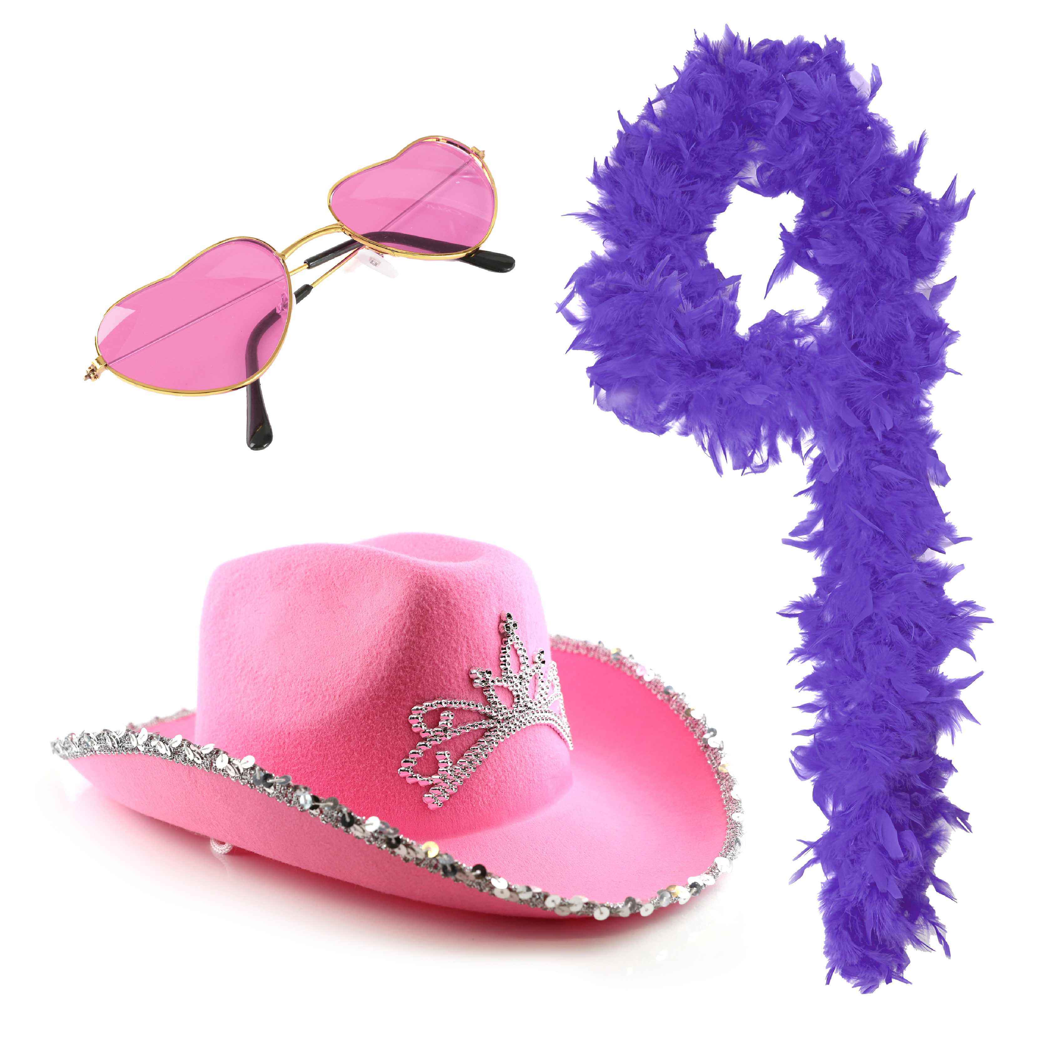 Tiara Cowboy Hat, Purple Boa & Pink Heart Glasses