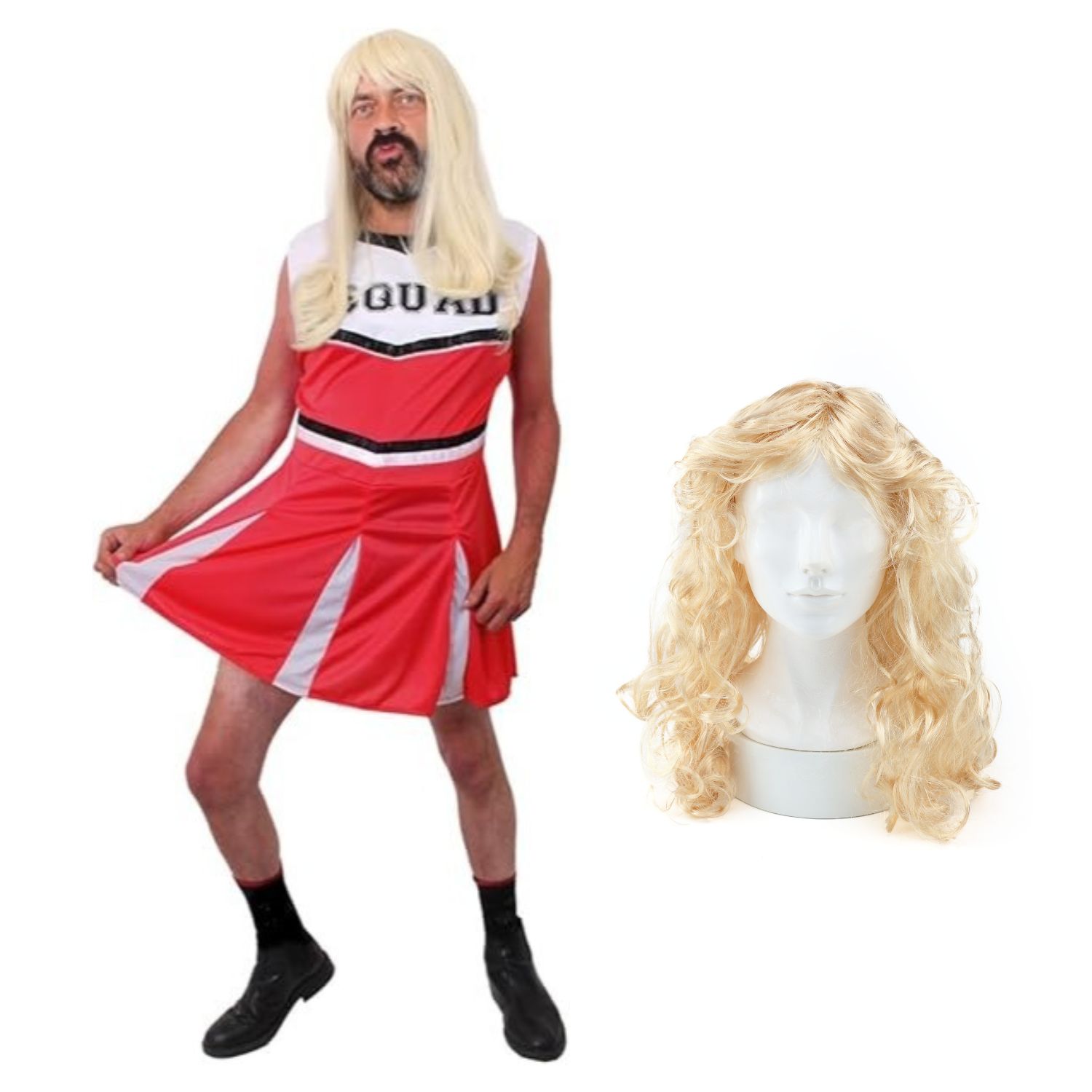 Mens Red Cheerleader Stag Do Costume with Wig