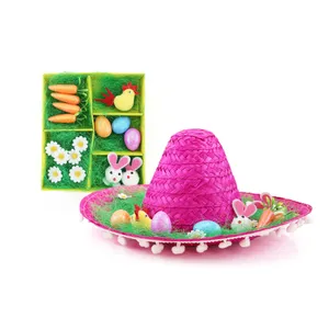 Kids DIY Easter Bonnet Kit | Child Pink Sombrero with Pom Poms & 16 Piece Decoration Set