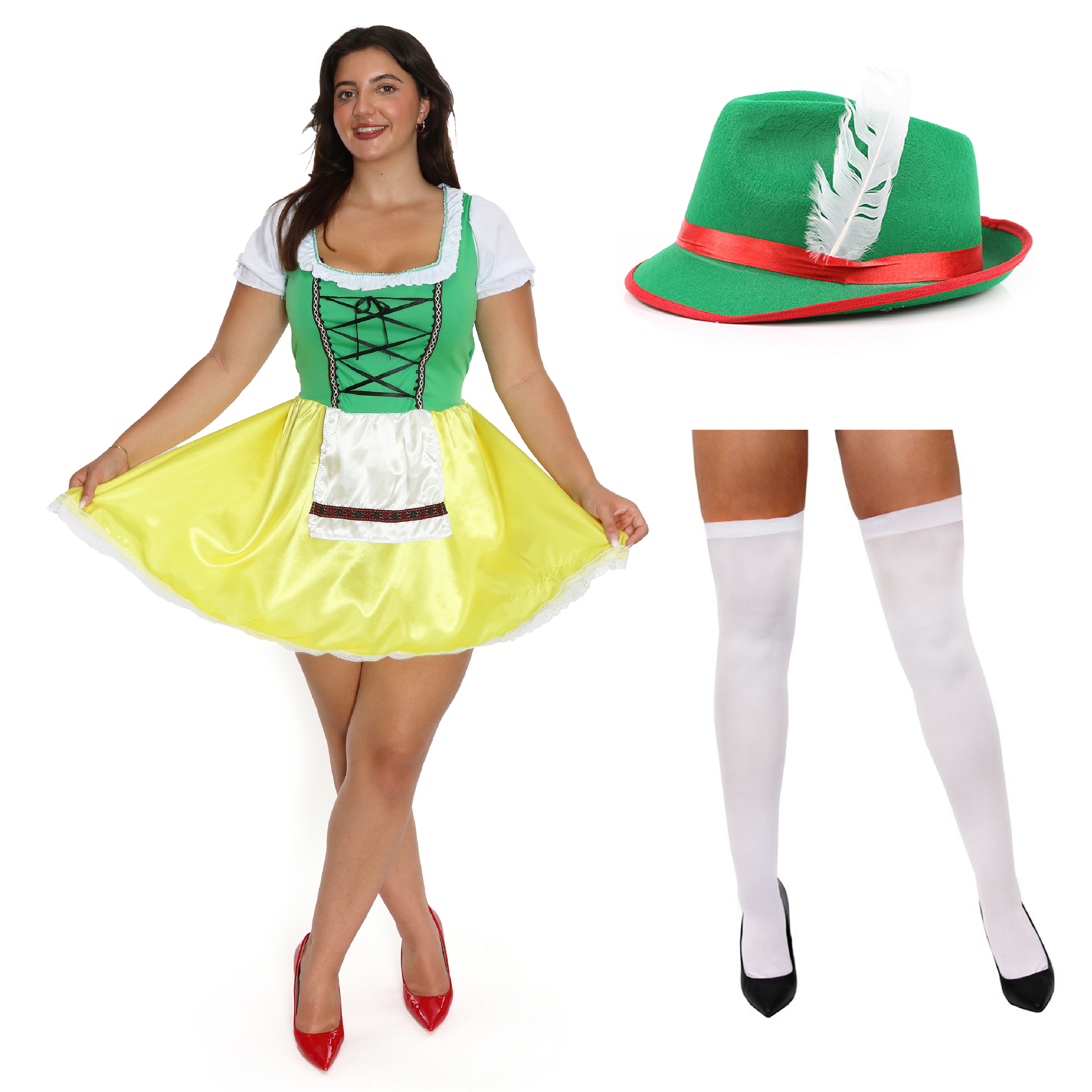 Ladies Green & Yellow Bavarian Dress with Stockings & Hat