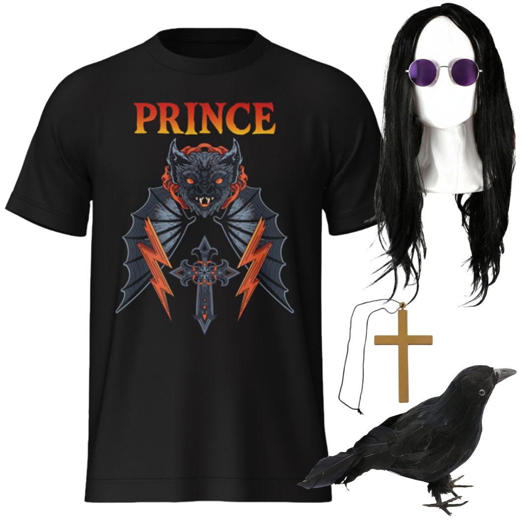 Prince of Darkness Costume | 5 Pcs | T-Shirt, Wig, Glasses, Cross Necklace & Crow