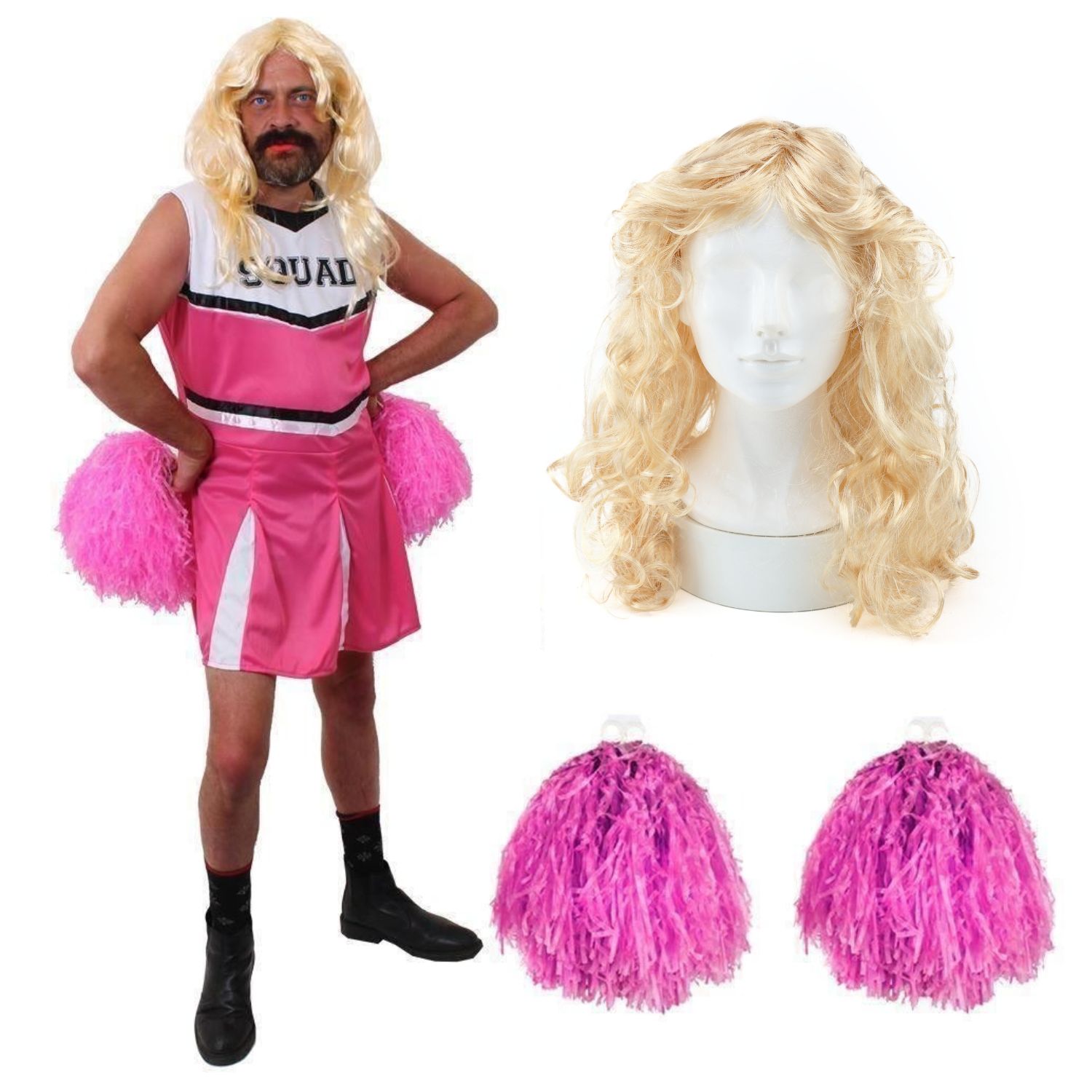 Mens Pink Cheerleader Stag Do Costume with Wig & Pom Poms