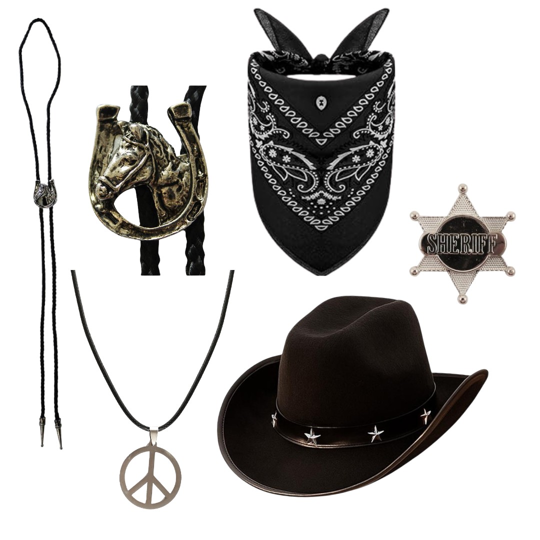 Adults Cowboy Set | 5 Pcs | Black Hat, Bootlace Tie, Necklace, Bandana & Sheriff Badge