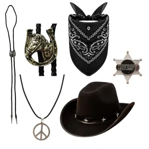 Adults Cowboy Set | 5 Pcs | Black Hat, Bootlace Tie, Necklace, Bandana & Sheriff Badge