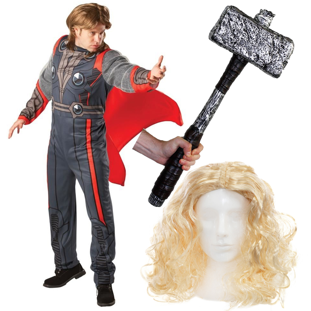 Men's Thor Costume with Large Plastic Hammer & Wig