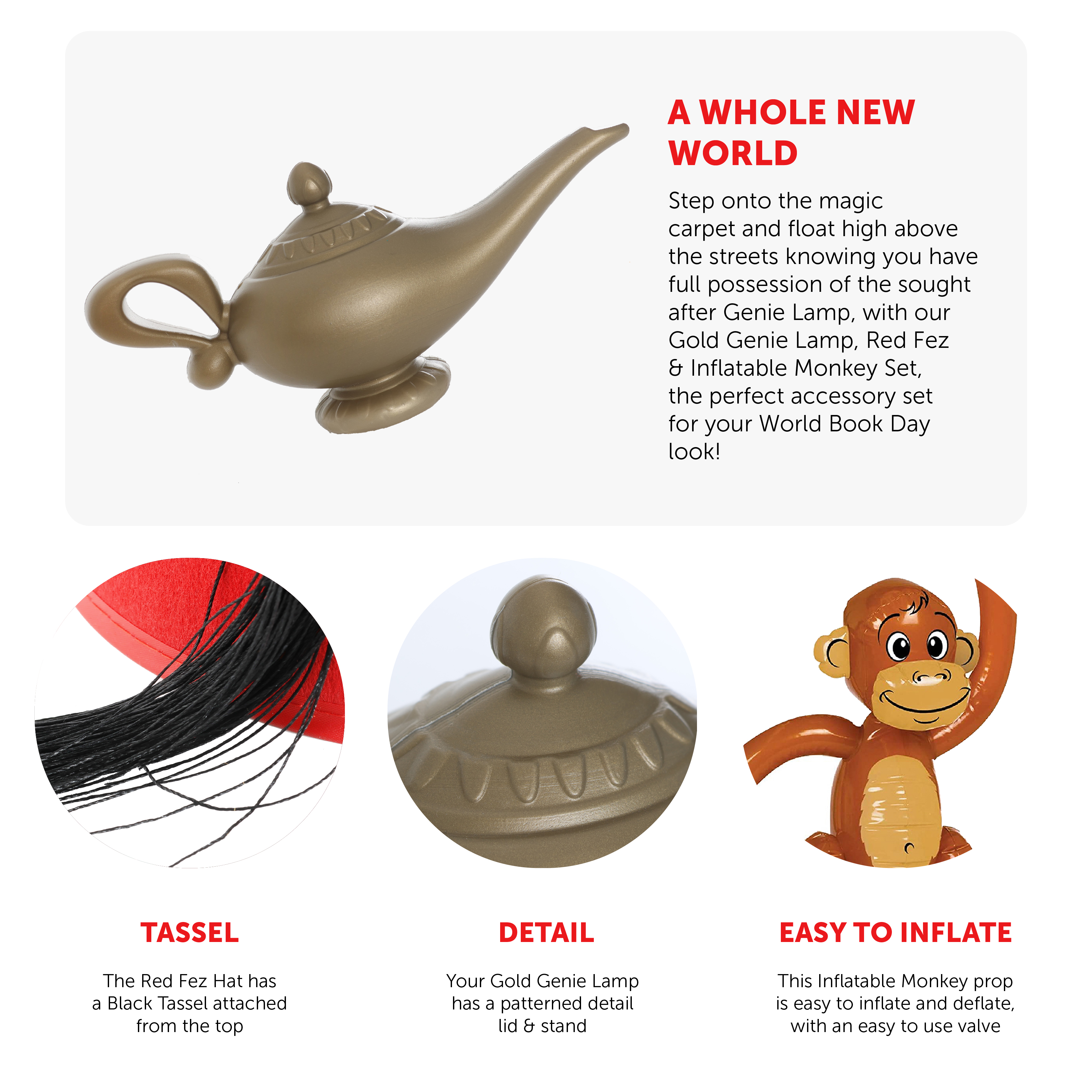Gold Genie Lamp, Red Fez & Inflatable Monkey Set | I Love Fancy Dress