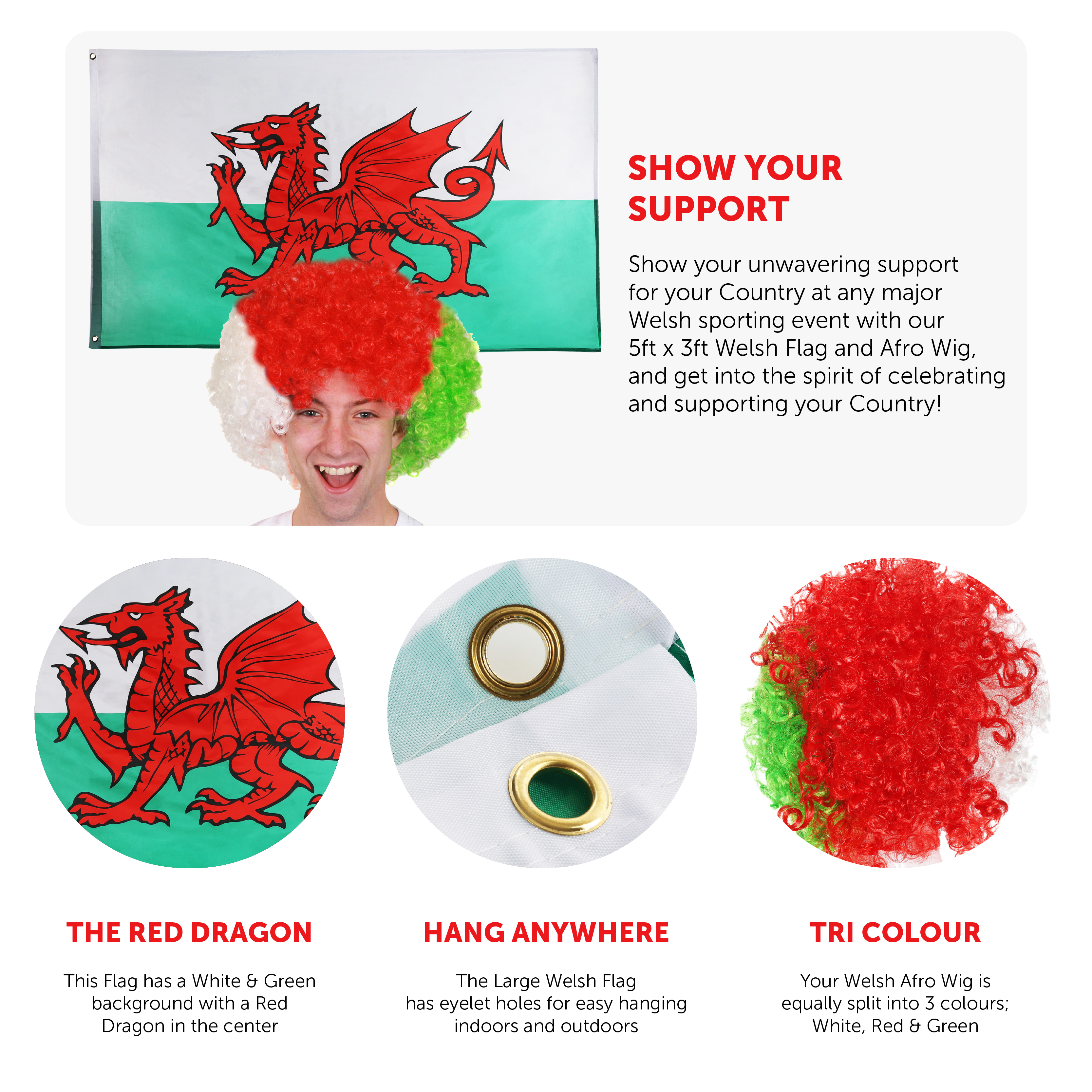 Wales Afro Wig + Wales 3x5ft Flag | I Love Fancy Dress