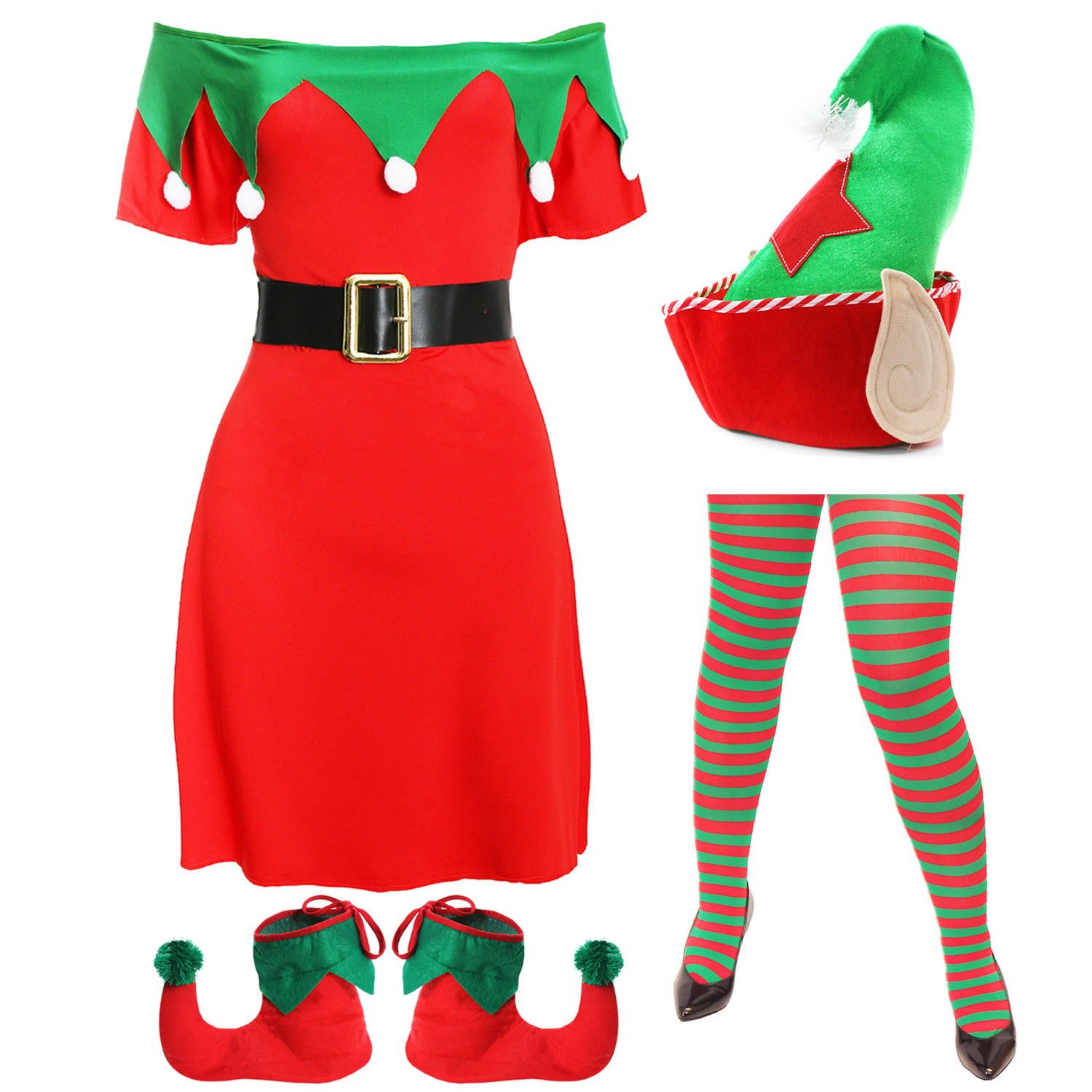 christmas elf dress womens Accessories Set Elf Costume Set For Women – 5-Piece Outfit With Dress, Hat, Tights, Earrings For Xmas Cosplay Party Color:Noir Gold Bec + Bridge Era occasion-wedding Pink elf such as Halloween