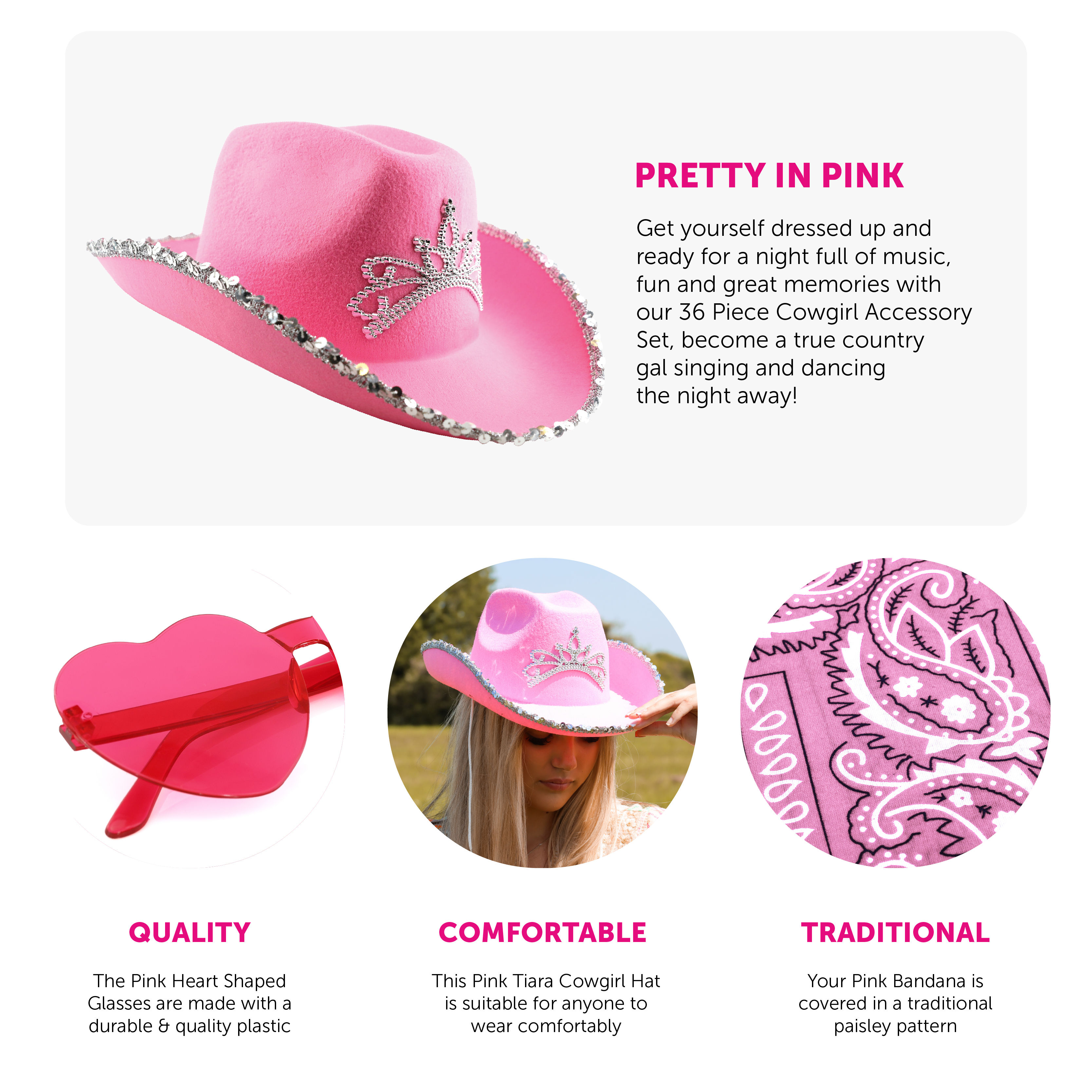 Pink Cowgirl Hat Sets - 4 Hats, 4 Glasses, 4 Bandanas - Western Party Pink Cowgirl Hat | Nashville, Disco Cowgirl, Denim  main image 3