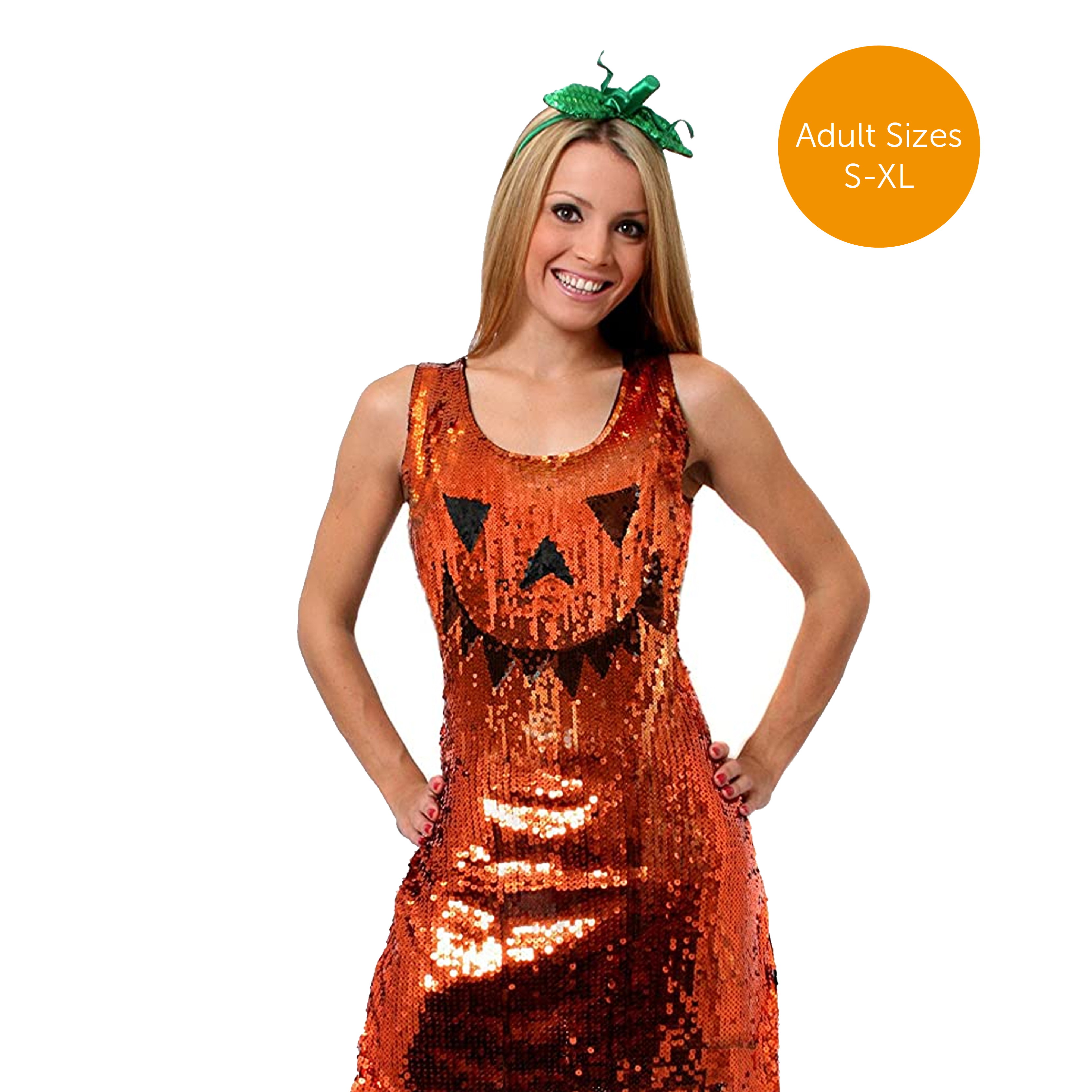 sequined pumpkin costume dress LADIES HALLOWEEN PUMPKIN SEQUIN DRESS AND HAT PARTY SEXY ADULTS FANCY DRESS
