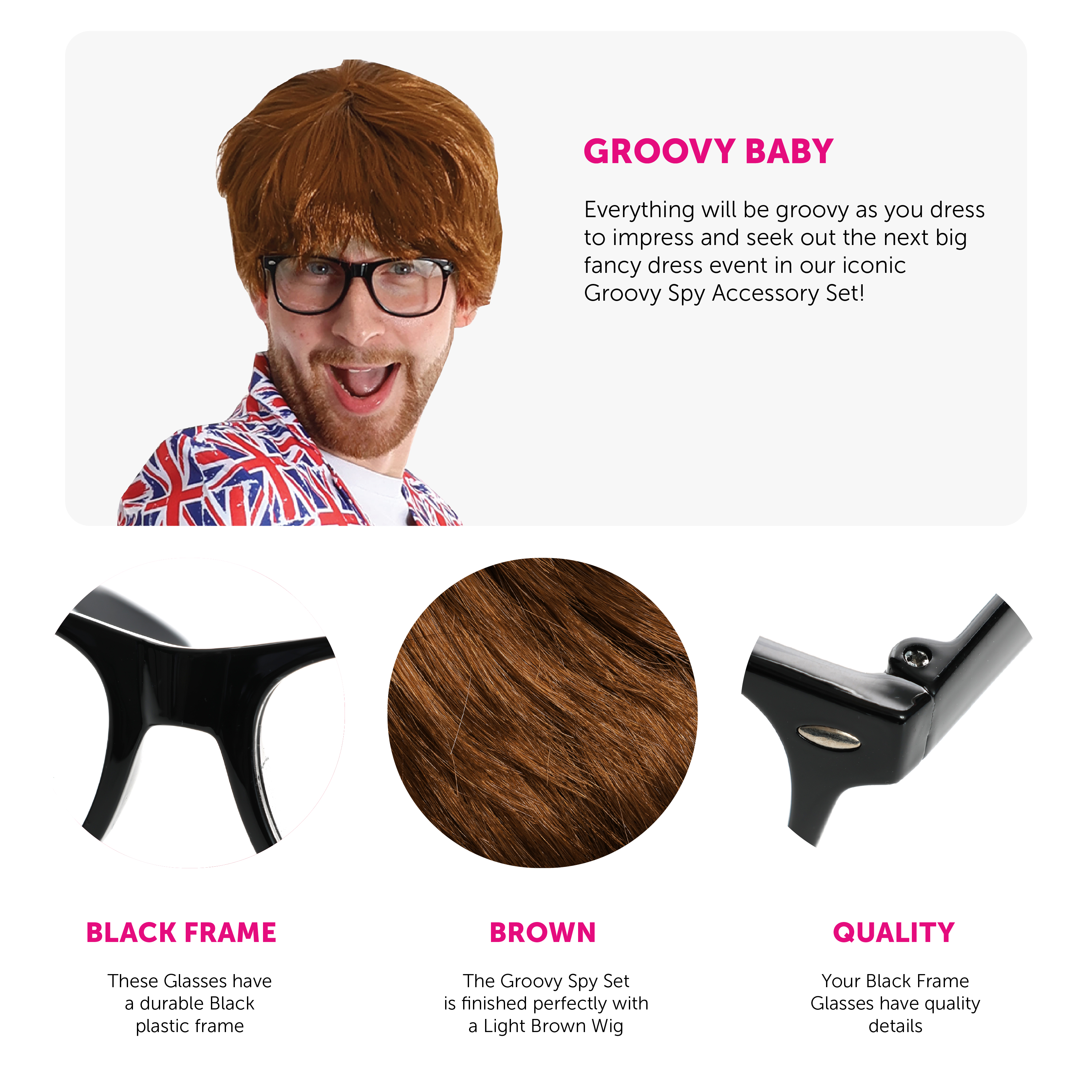 Adults Groovy Spy Accessory Set | 2 Pcs | Wig & Glasses | I Love