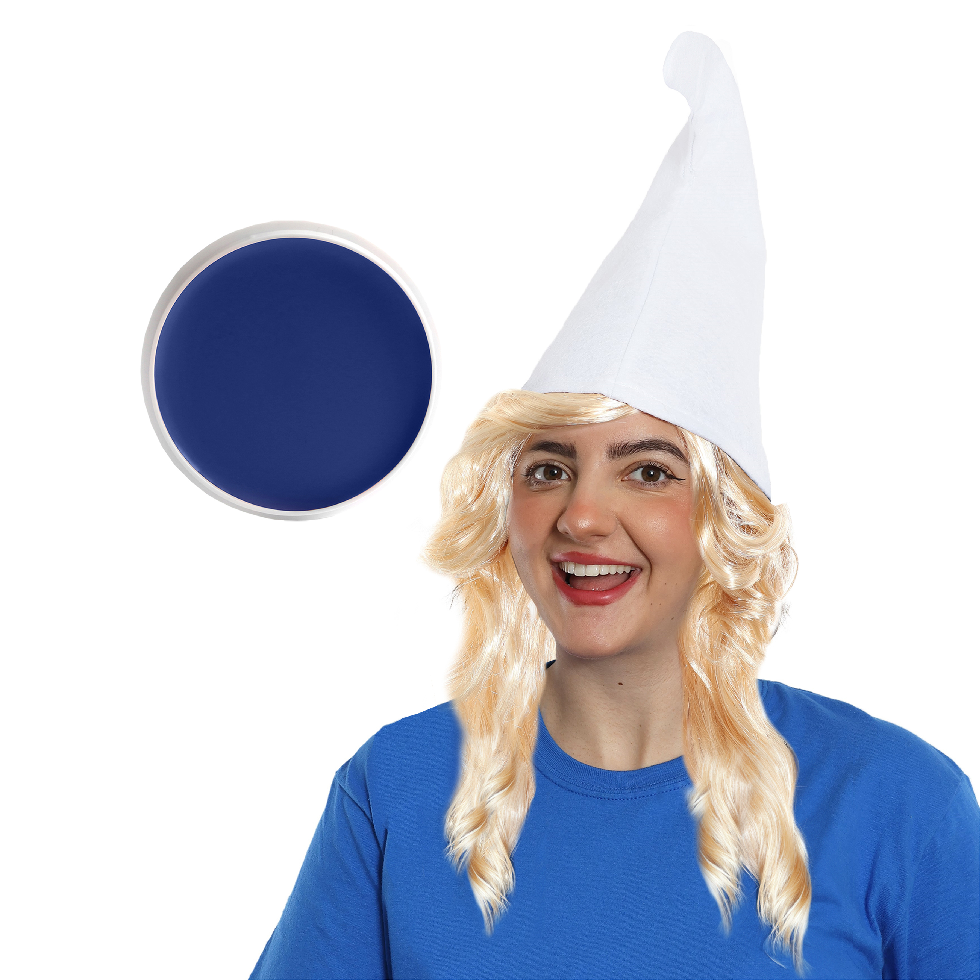 White Gnome Hat, Blue Face Paint & Blonde Wig - Blue Gnome Fancy Dress ...