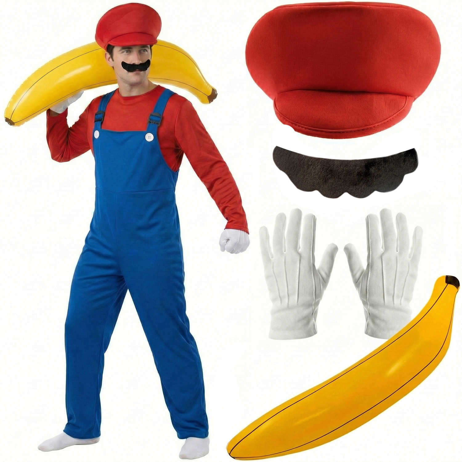 Mens Red Super Workman Costume | 6 Pcs | Dungarees, Top, Hat, Gloves ...