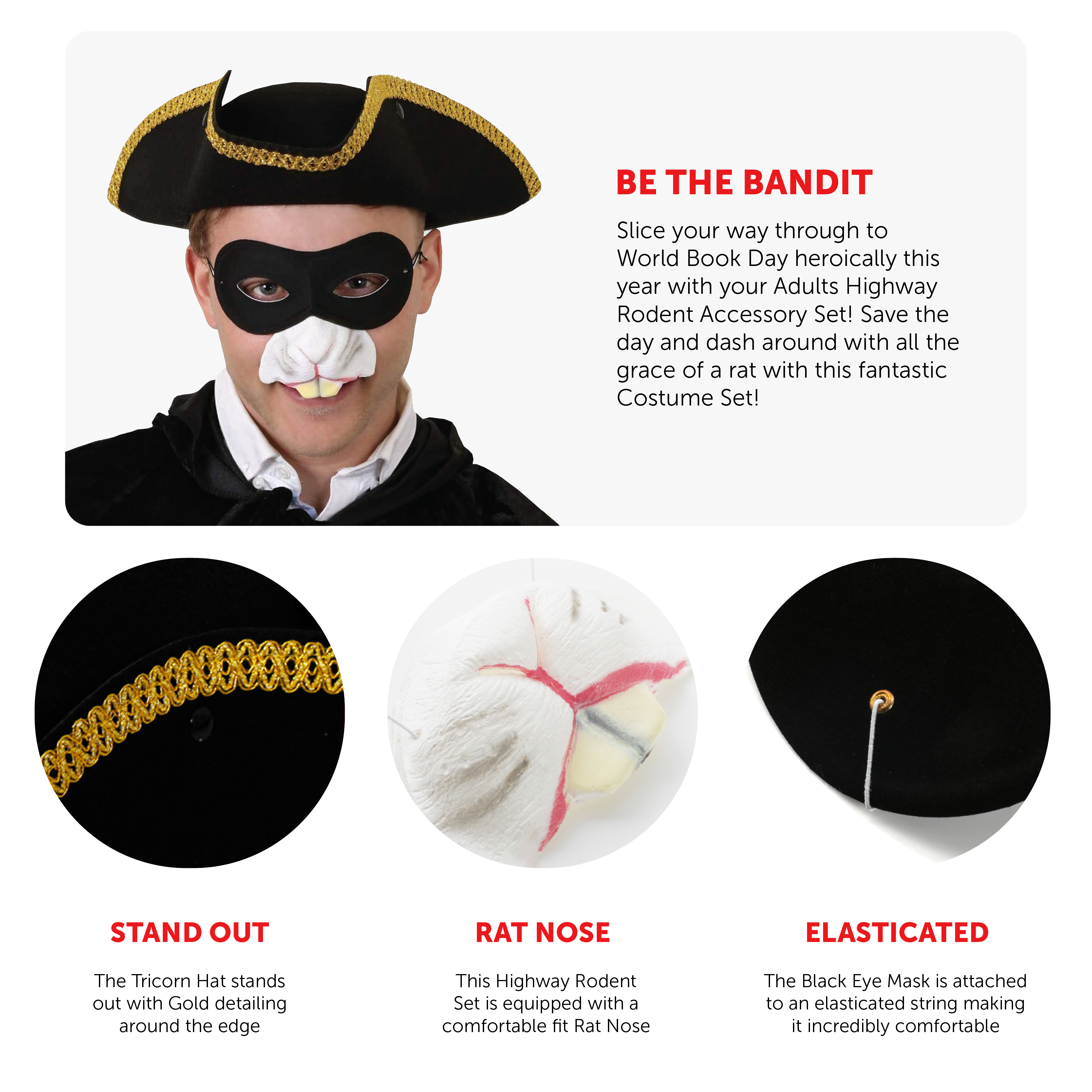 Adults Highway Rodent Accessory Set | 4 Pcs | Gold Trim Tricorn Hat ...