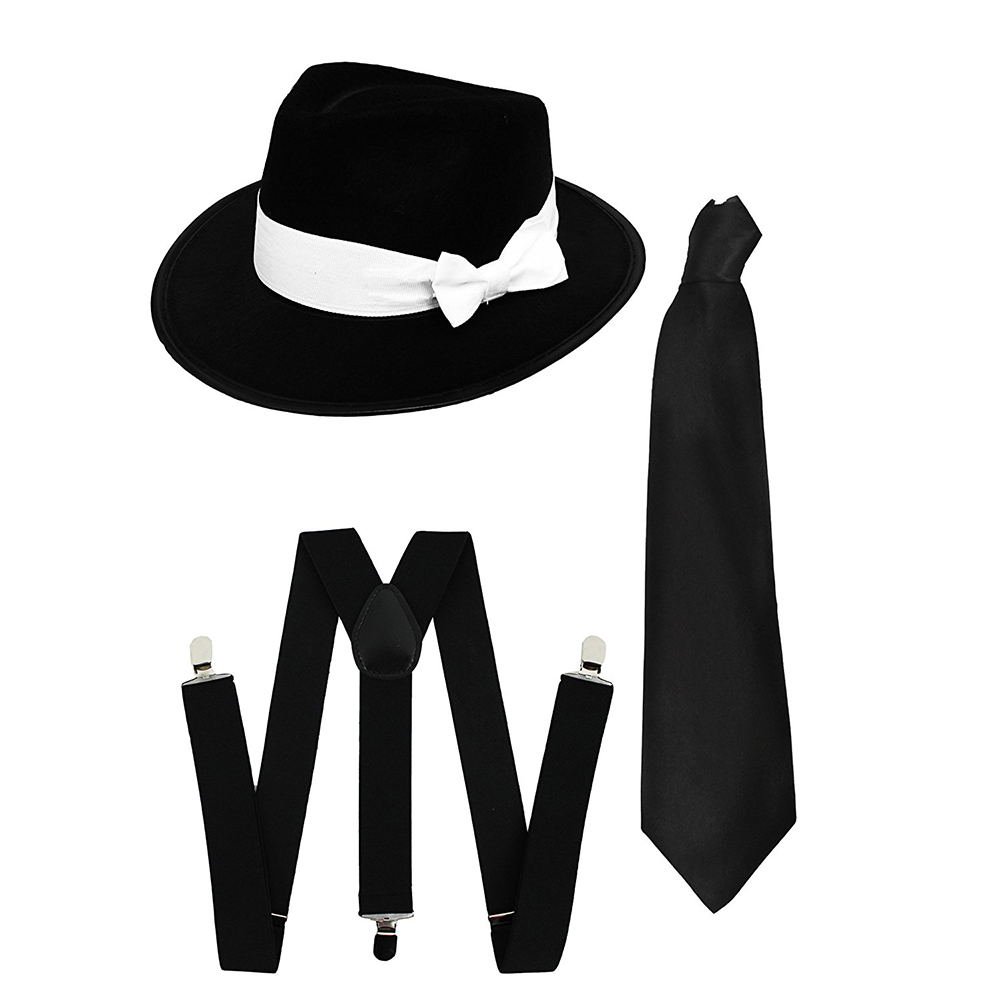 Gangster Set - Black Hat White Band - Black Braces and Black Tie