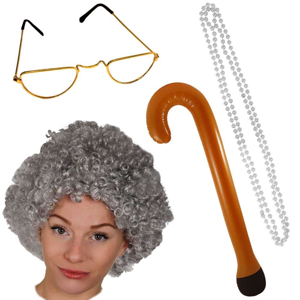 Old Lady Fancy Dress Set - Curly Wig
