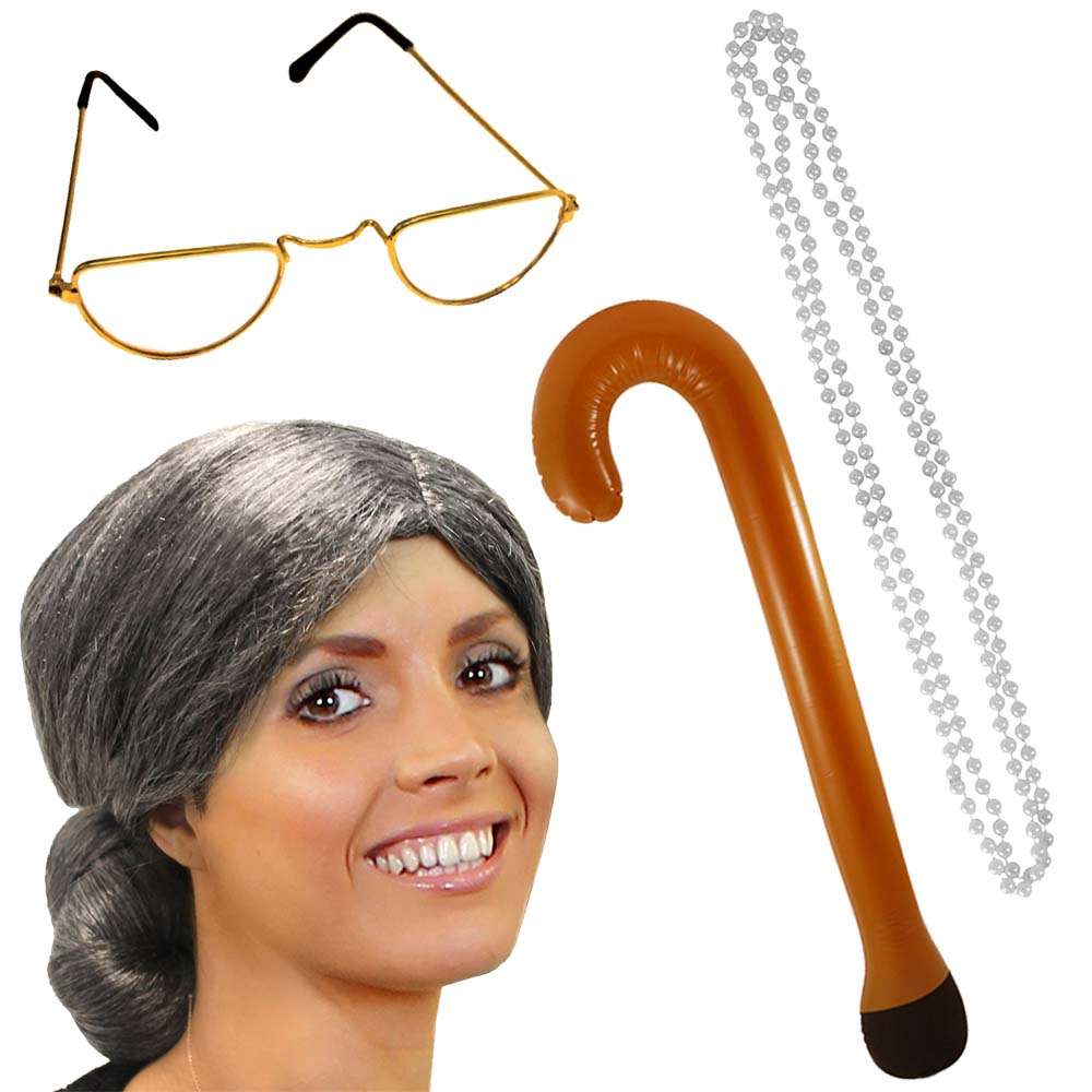 Old Lady fancy dress set - Straight Wig