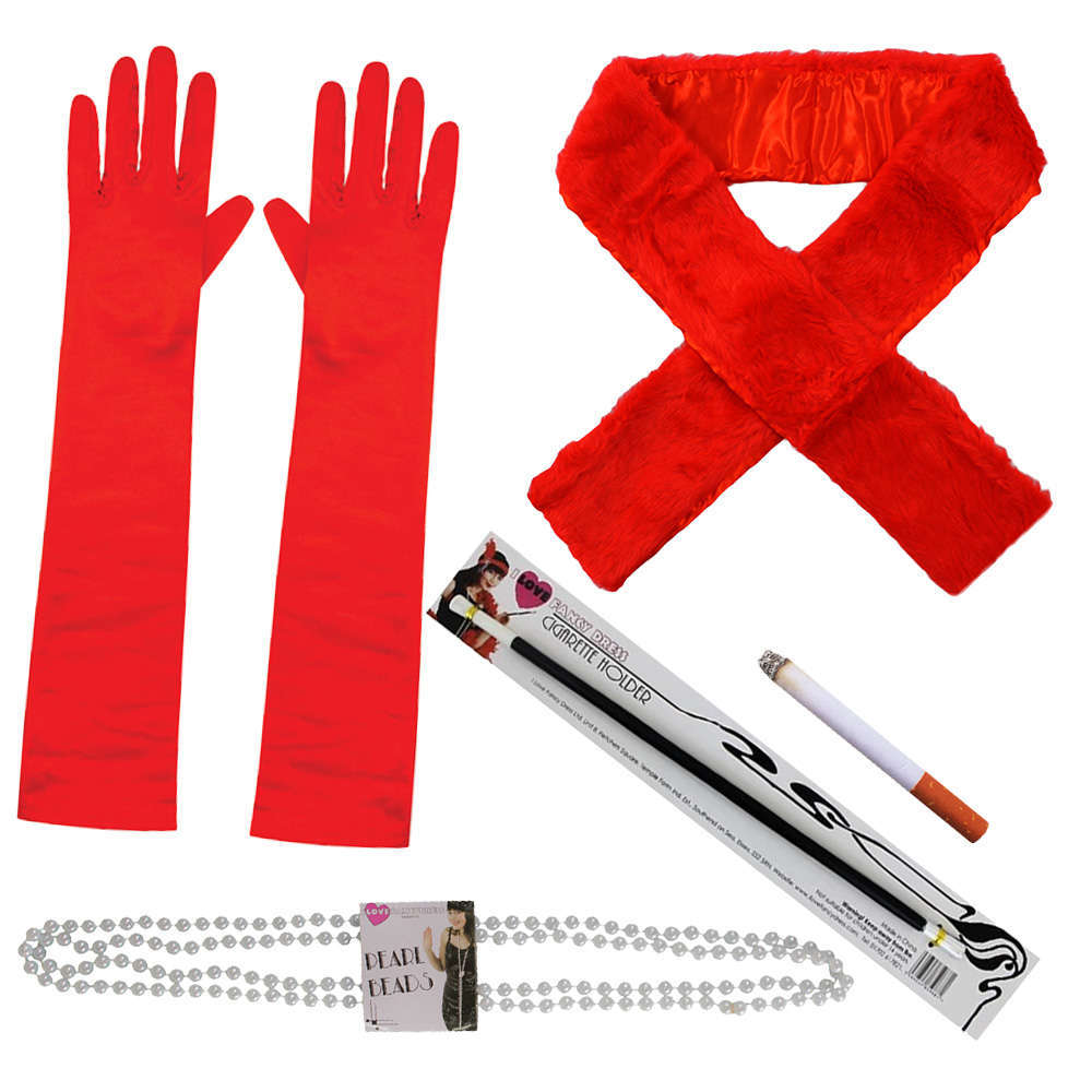 1920's Flapper Set - Red Gloves, Fur Stole, Pear Beads, Cigarette Holder & Fake Cigarettes