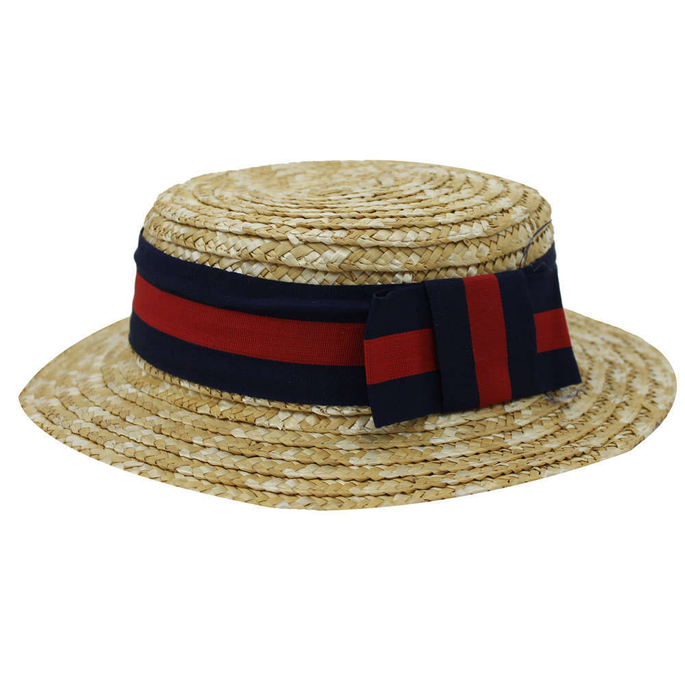 Childs Straw Boater Hat - Red and Blue Ribbon