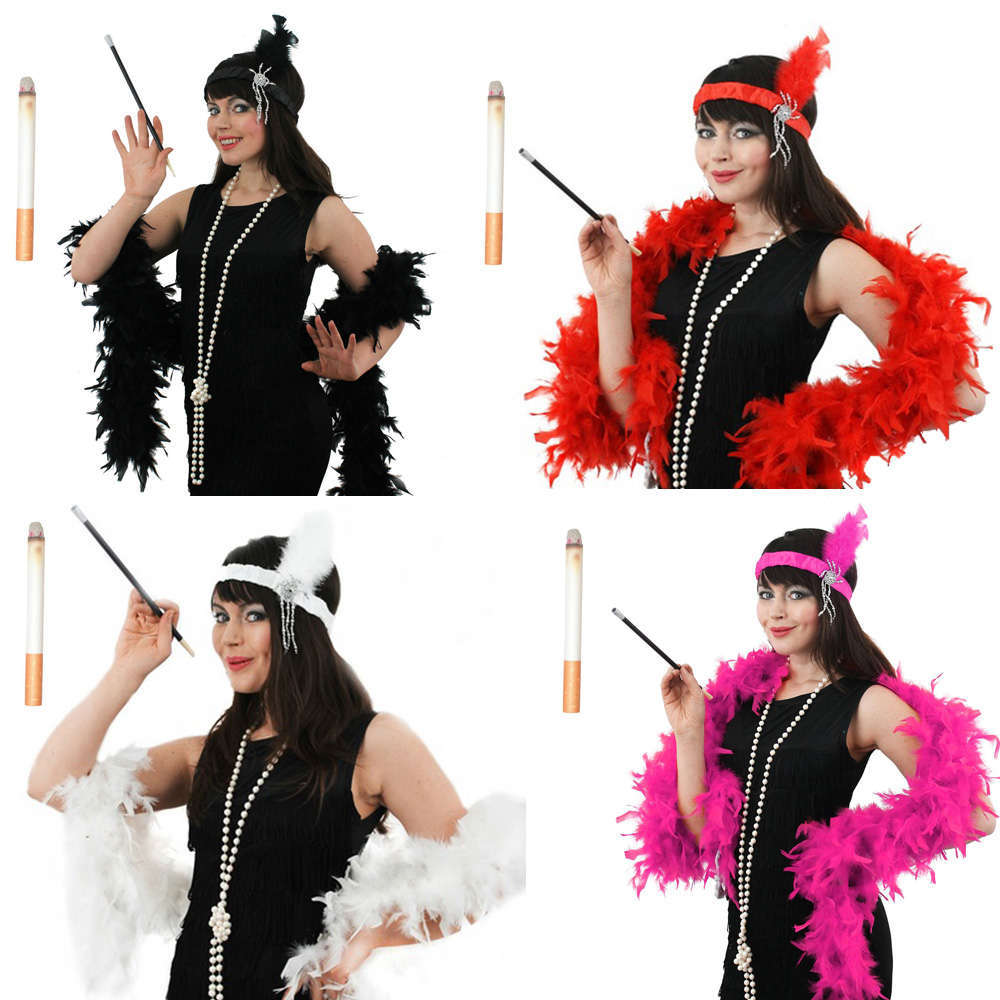 Flapper Accessory Set - Feather Headpiece, Beaded Necklace, Feather Boa, Cigarette Holder & Fake Cigarette
