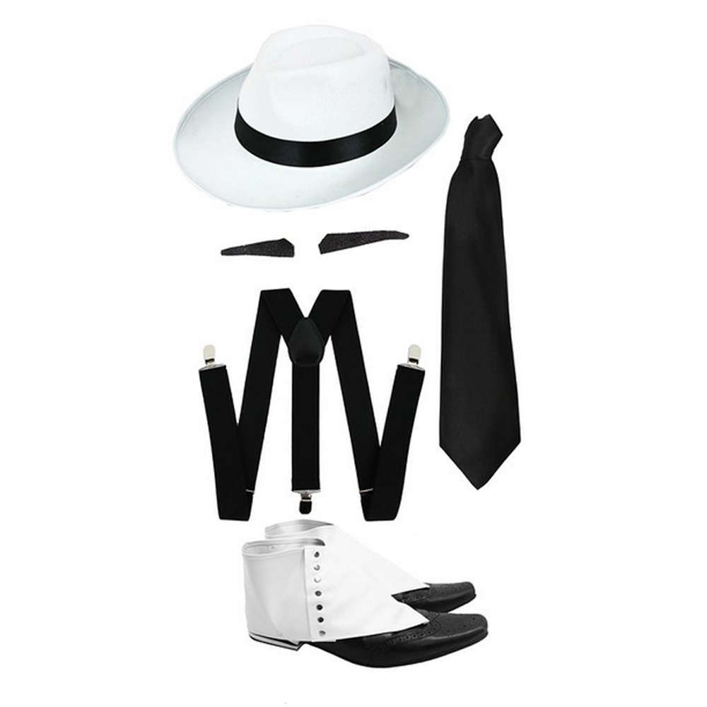 Gangster Set- White Trilby Hat, Black Tie, Black Braces, Spiv and Spats