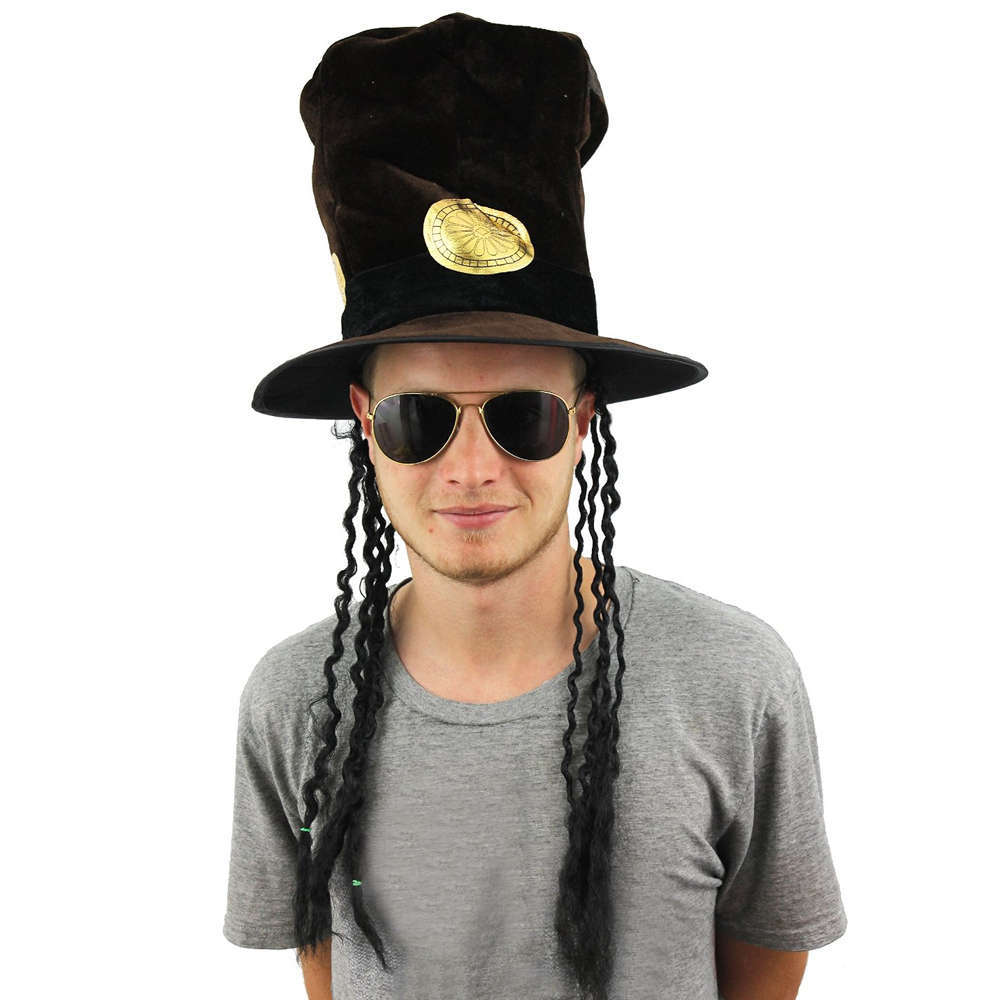 Slash Style Brown Velour Hat with Attached Hair + Glasses