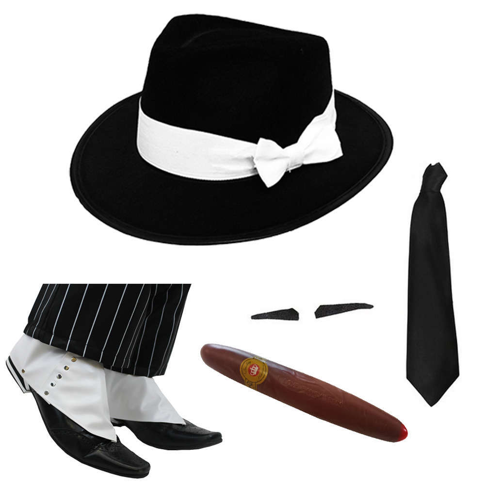 Gangster Fancy Dress Set - Black Hat White Band