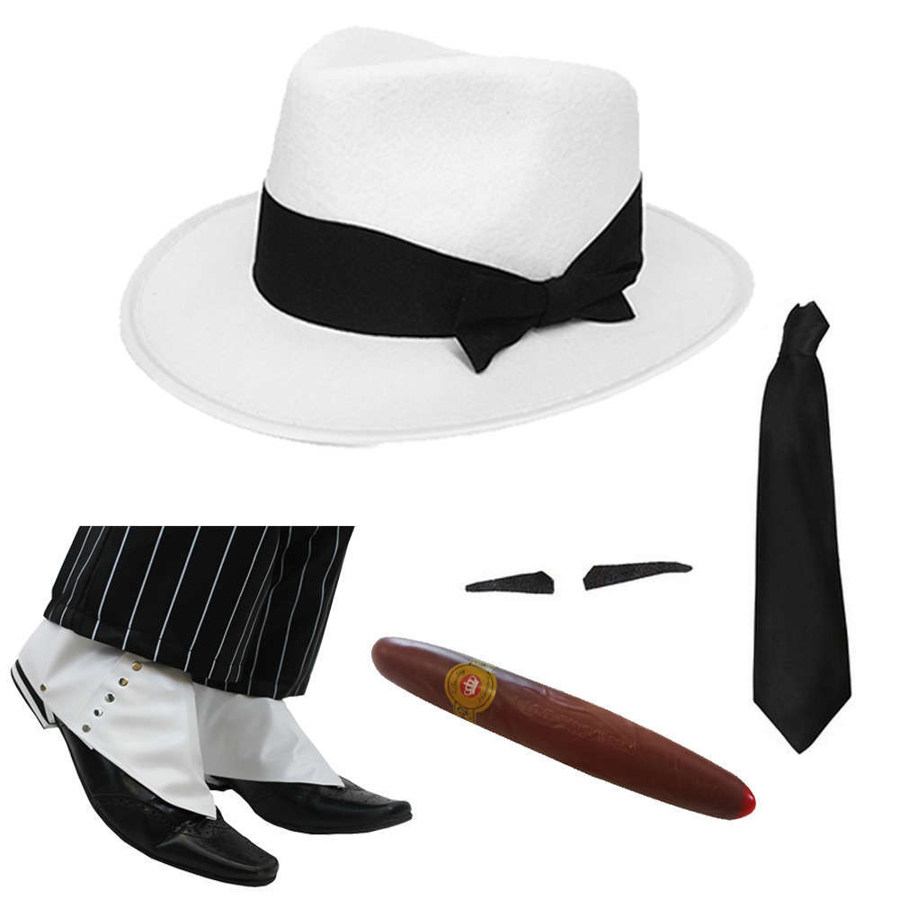 Gangster Fancy Dress Set - White Hat Black Band