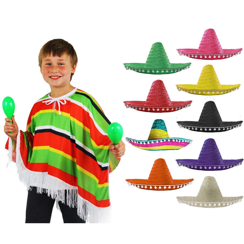 Childs Mexican Poncho & Pom Pom Sombrero