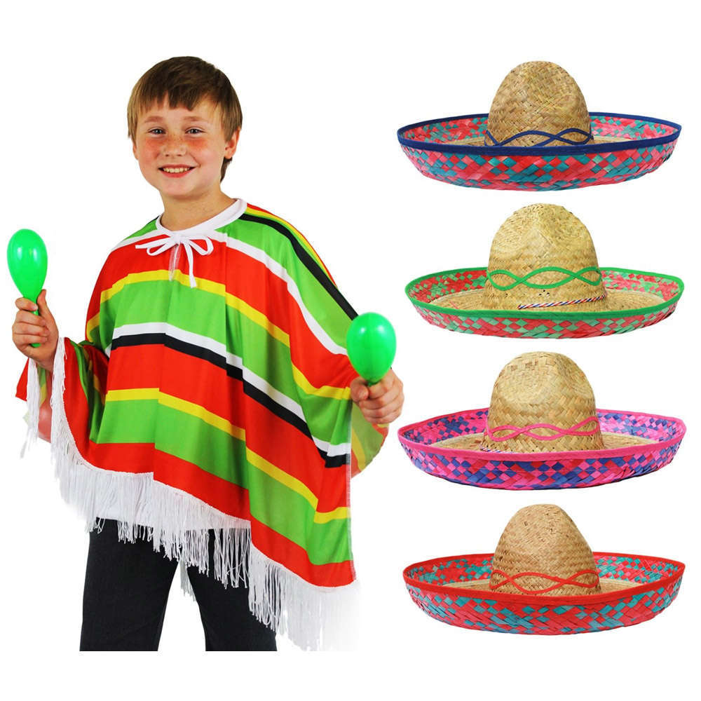 Childs Mexican Poncho & Straw Sombrero