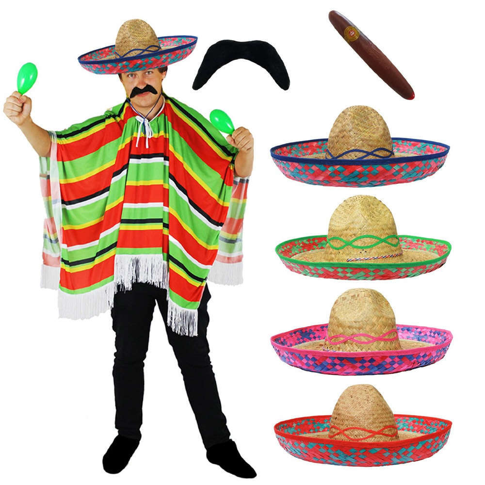 Mexican Poncho, Straw Sombrero, Tash & Cigar