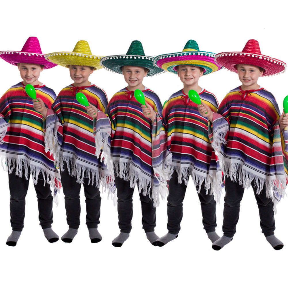Childs Mexican Poncho and Pom Pom Sombrero