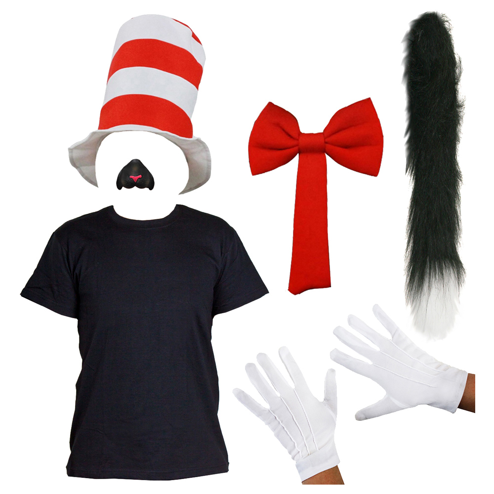 Adults Crazy Cat Costume Set - Striped Hat, Black T-Shirt, Cat Nose, Thin Fluffy Tail, White Gloves & Red Tie