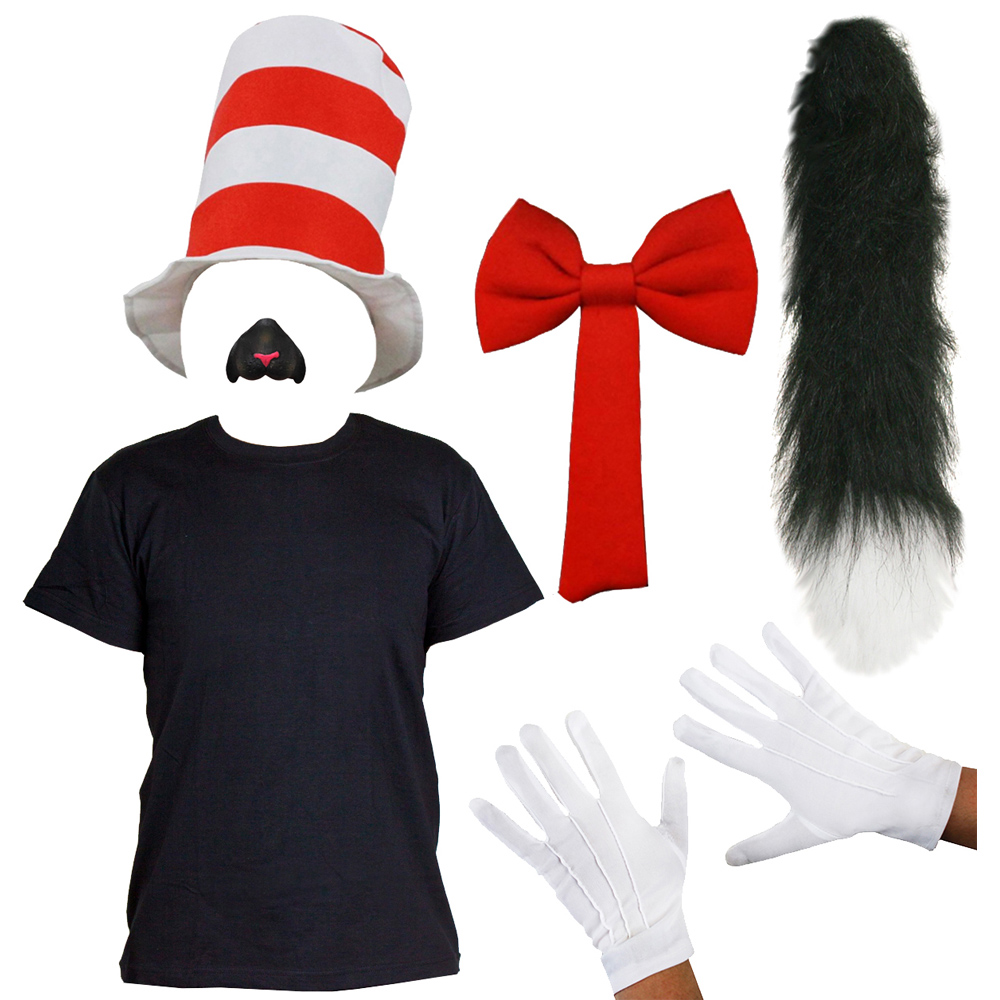Adults Crazy Cat Costume Set - Striped Hat, Black T-Shirt, Cat Nose, Fluffy Tail, White Gloves & Red Tie