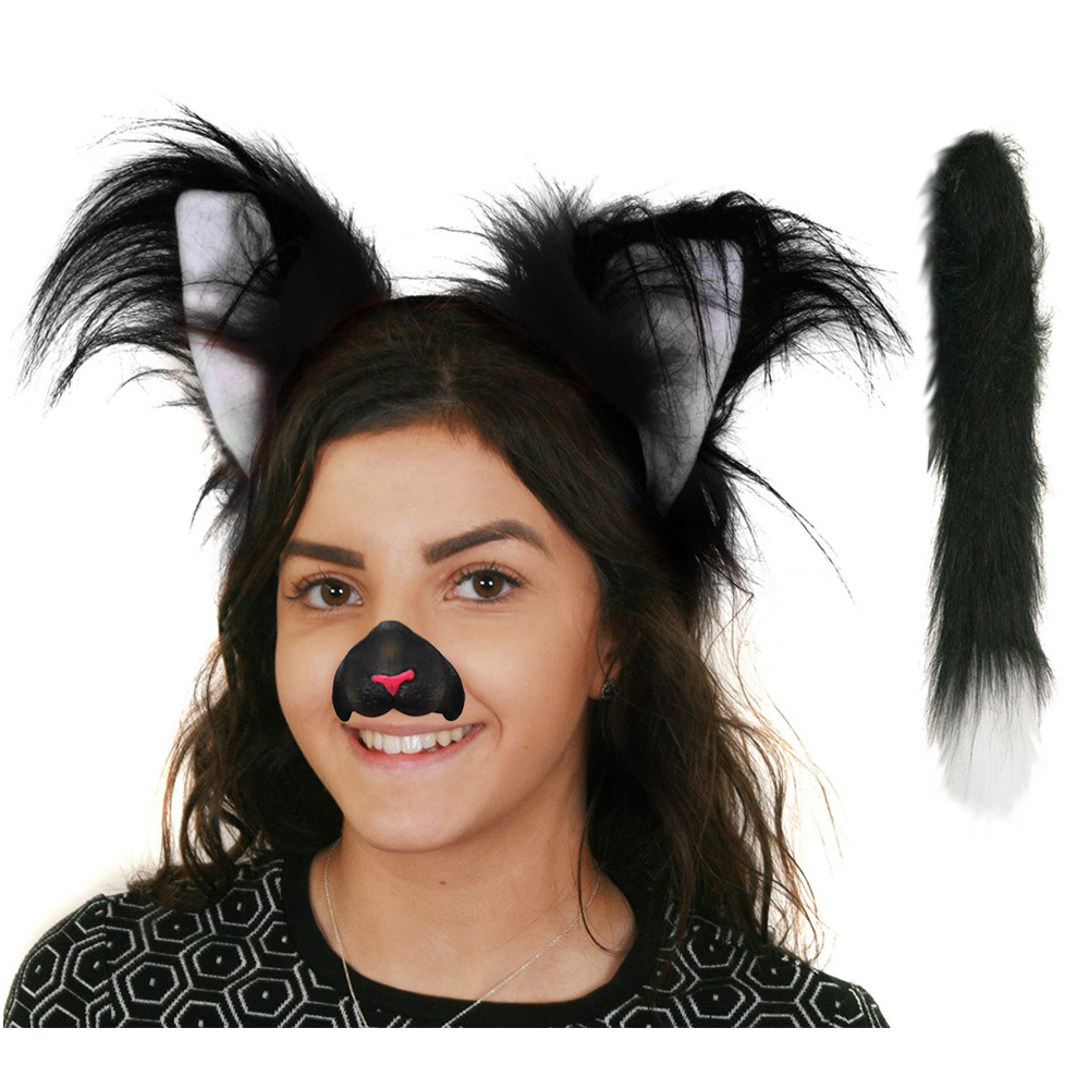 Black Cat Set Ears on Headband + Nose + Tail