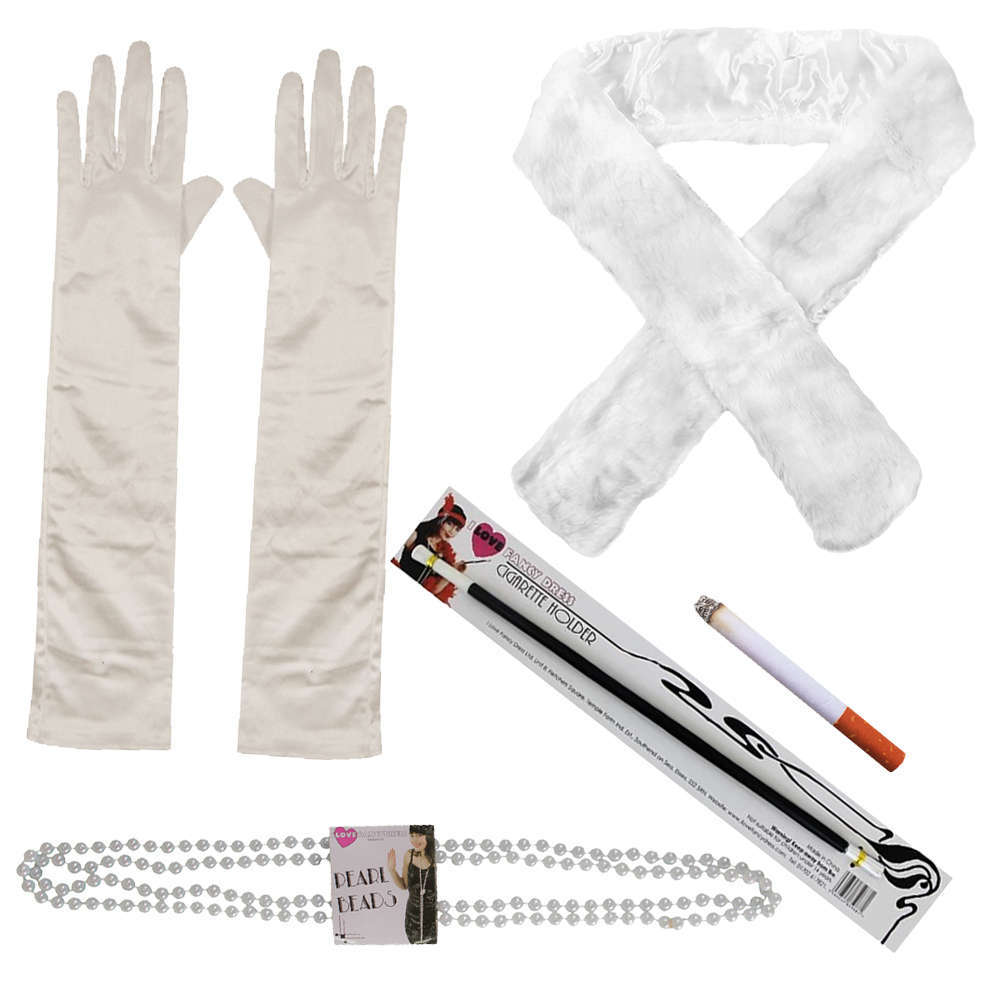 1920's Flapper Set - White Gloves, Fur Stole, Pear Beads, Cigarette ...