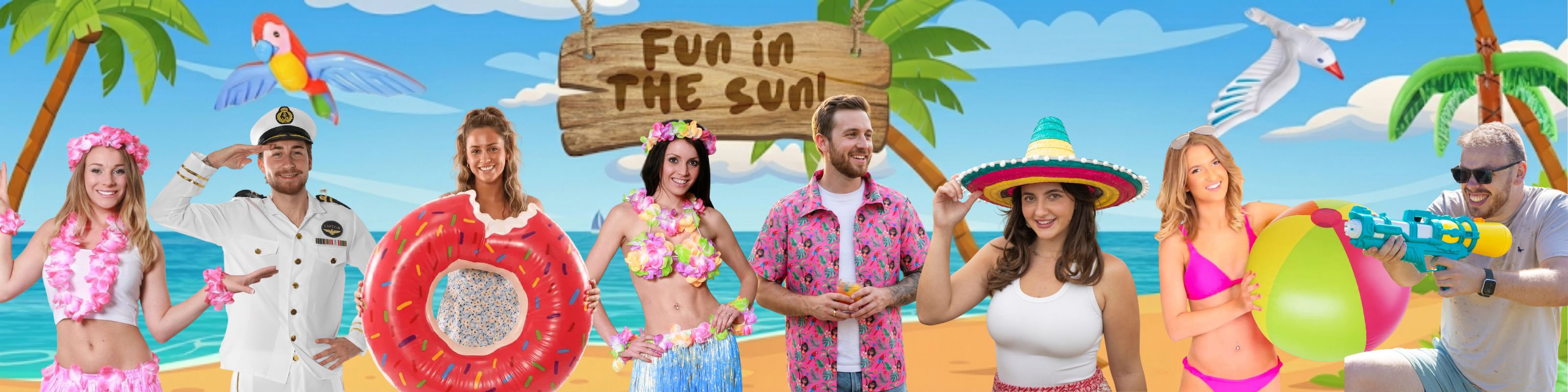 Summer fancy dress banner featuring Hawaiian costumes, inflatables, pool floats and tropical party accessories