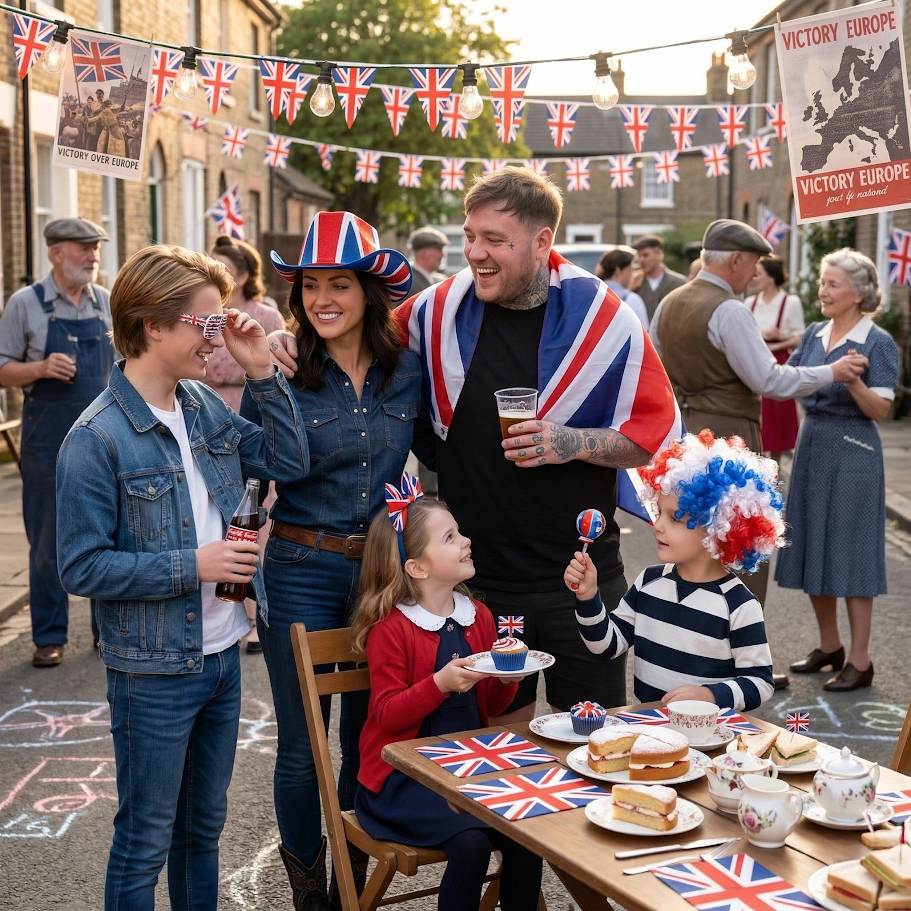 VE Day accessories including Union Jack hats, braces, glasses and headwear worn at a festive street party