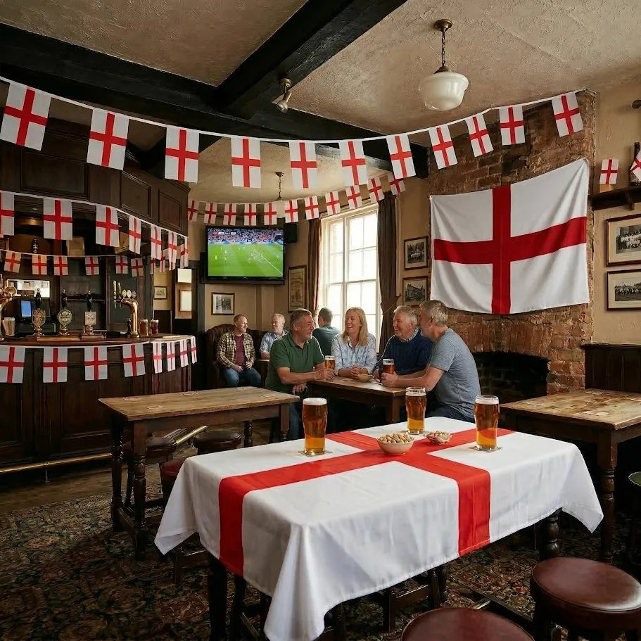 Pub decorated for St George’s Day with England flag bunting and table covers, creating a red and white party setting