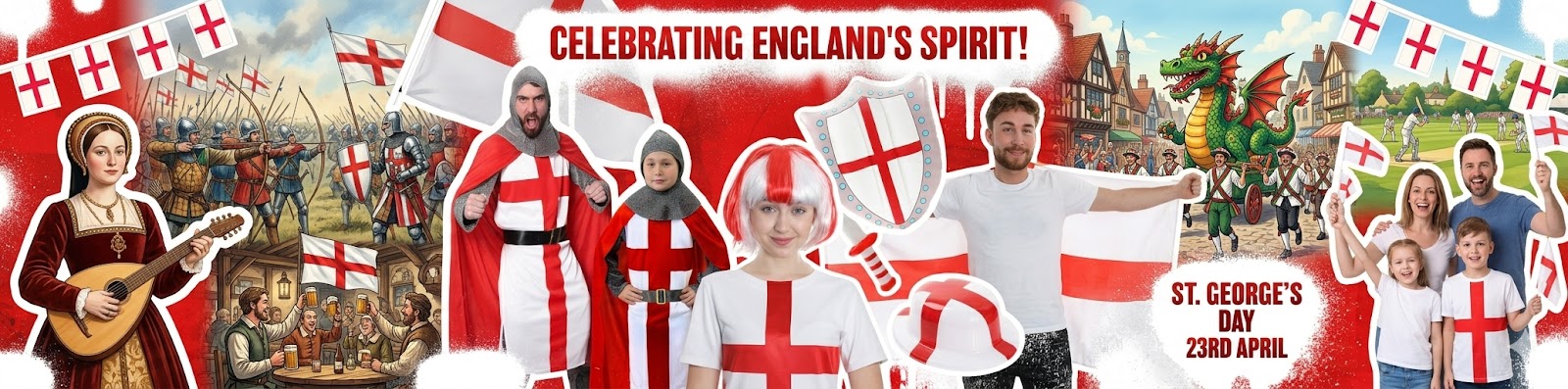 St George’s Day banner featuring a range of costumes with bold red and white England theme