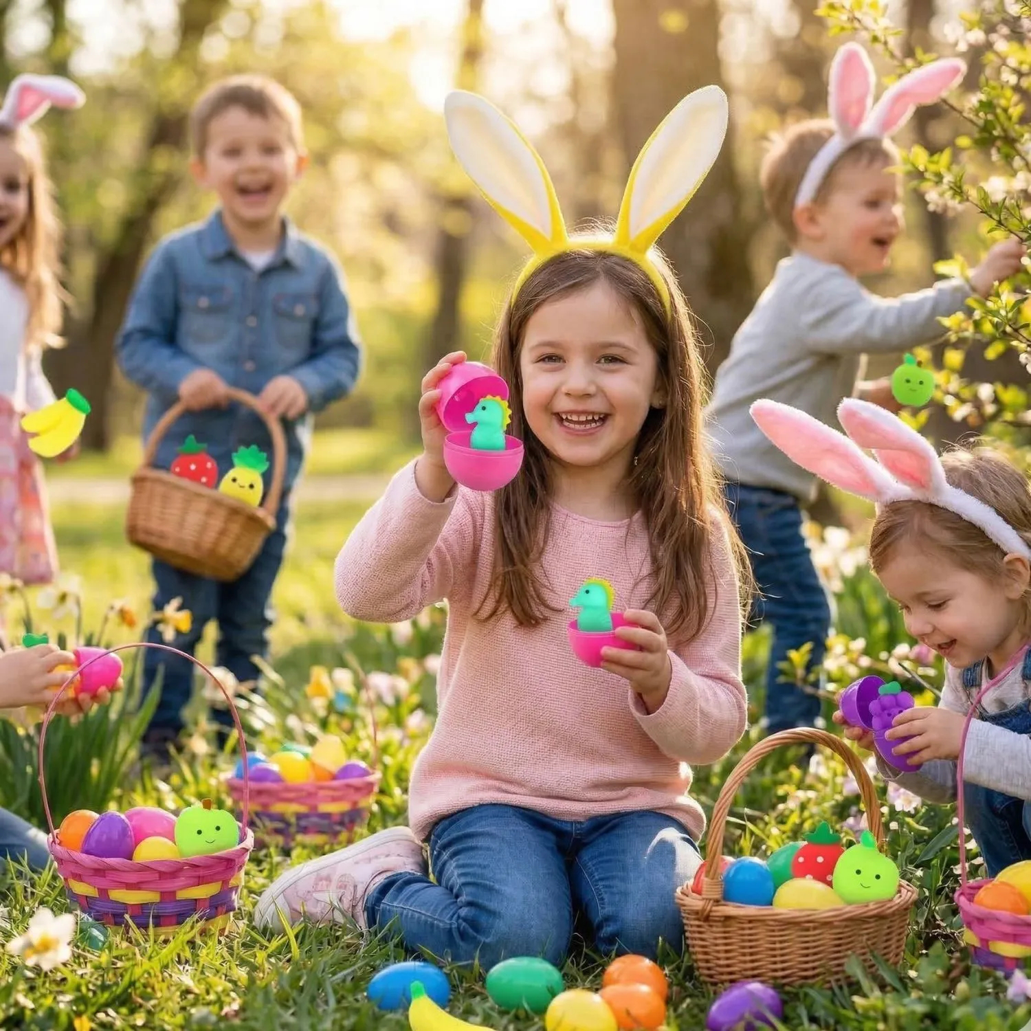 Children hunting Easter eggs in a garden, girl holding a mini plastic egg with a toy inside, smiling and enjoying Easter activities.