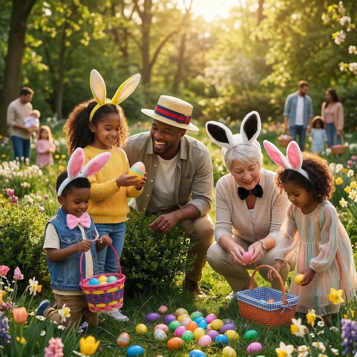 Family in an Easter-themed garden wearing festive headbands, smiling and celebrating Easter together